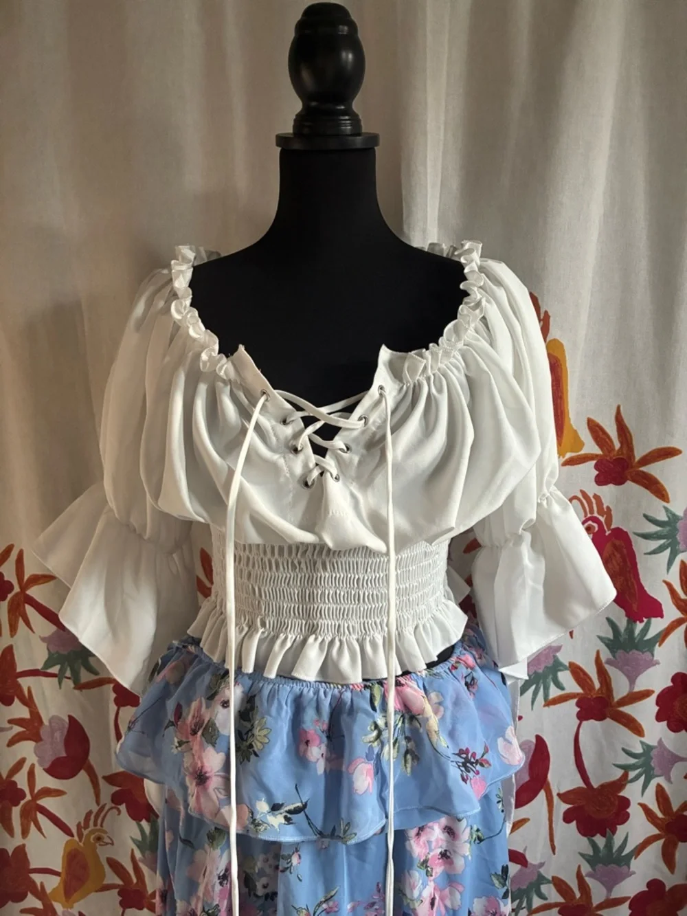 White Smocked Renaissance Peasant Blouse Lace Up with Sleeves XL - Picture 10 of 10